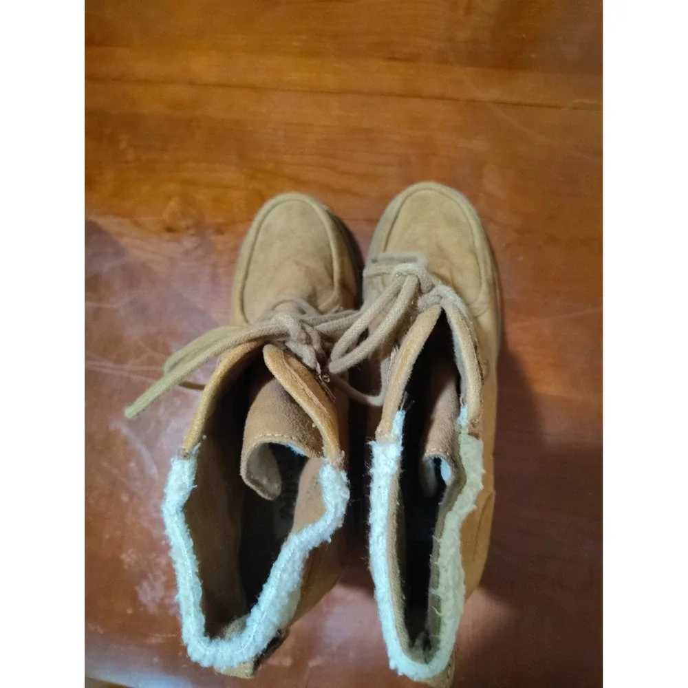 Mad Love Tan Faux Suede Wedge Ankle‎ Boots with Faux Shearling Trim Lace Up Tan